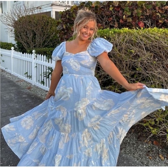 Free People Sundrenched Short-Sleeve Floral Maxi Dress Sky Blue Puff Sleeve - Picture 14 of 16